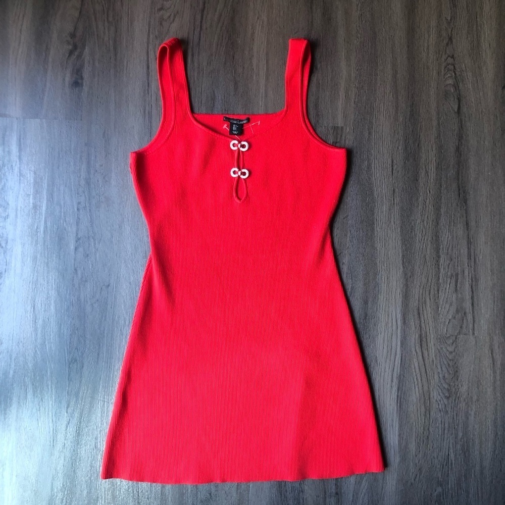 Christian Lacroix Ribbed Bodycon Dress Size L Red Peephole Rhinestone Bow Detail